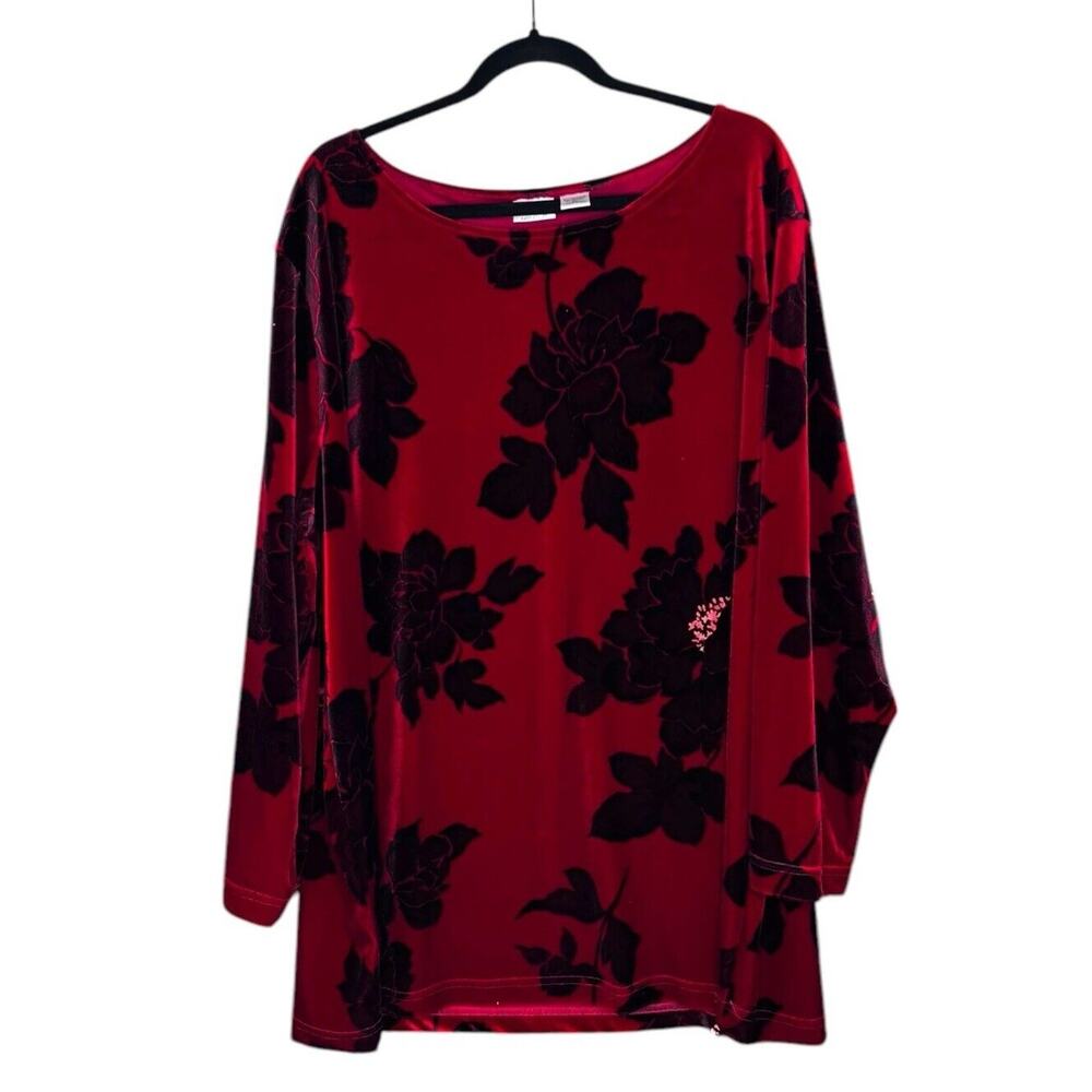 Red Black Velvet Floral Bohemian Hippie Chic Top Shirt Size 3X Newport News READ